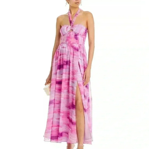 NWT AQUA Chiffon Halter Maxi Dress - Bloomingdale's Exclusive - Picture 1 of 9